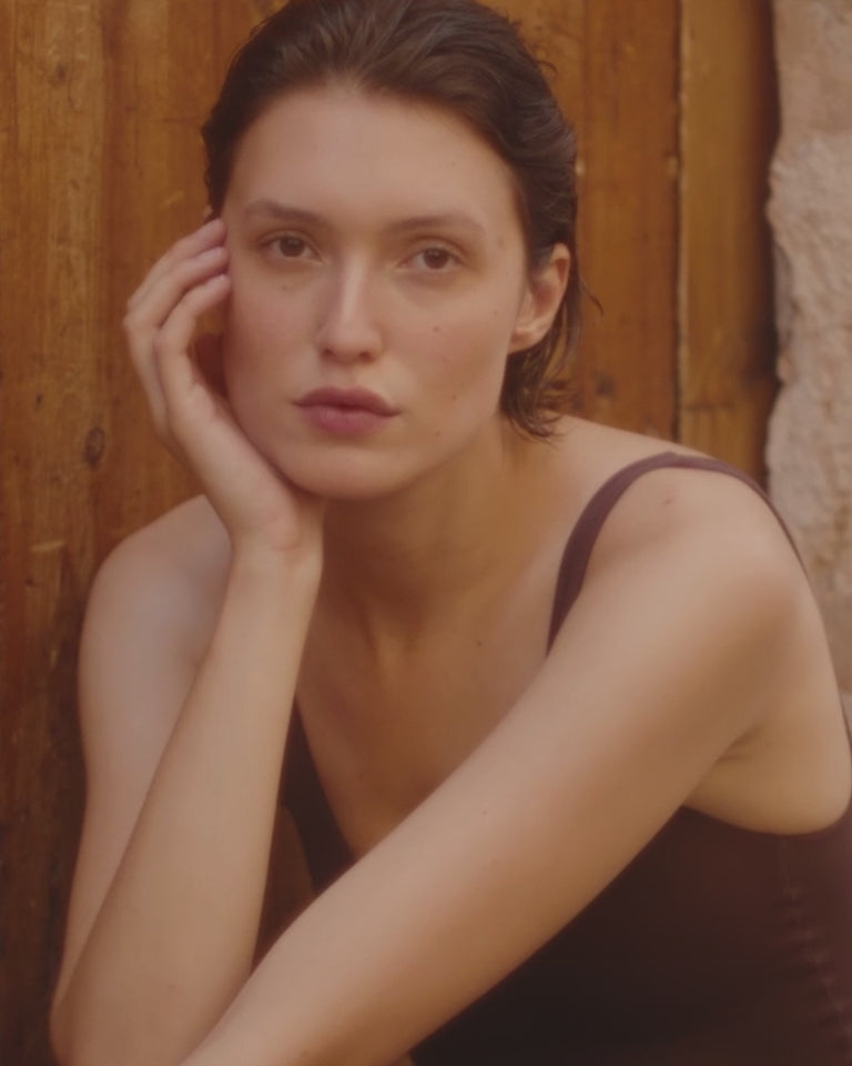 Plunge Playsuit in Cold Brew shot in Mallorca